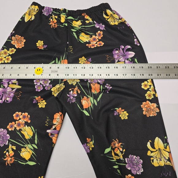 Vintage Ginger House Retro Floral Wide Leg Pants Women's Size 12 Black Polyester - Picture 5 of 8